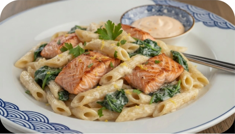 Romige pasta met noorse zalm en spinazie